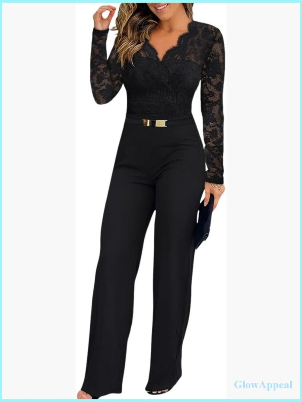 Elegant Lace Jumpsuit Dressy Long Sleeve V-Neck Straight Leg Overalls